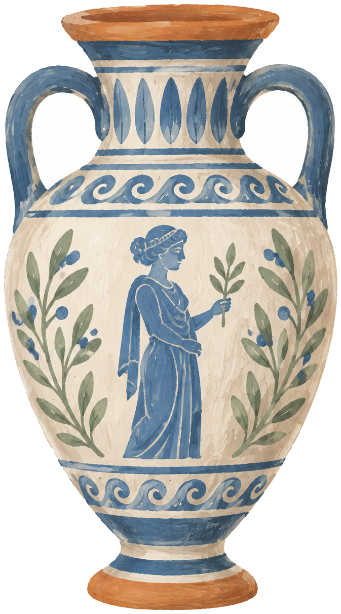 Gouache icon of a Greek amphora vase in white and blue