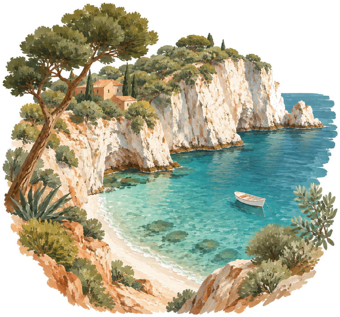 Gouache icon of a Mediterranean beach cove