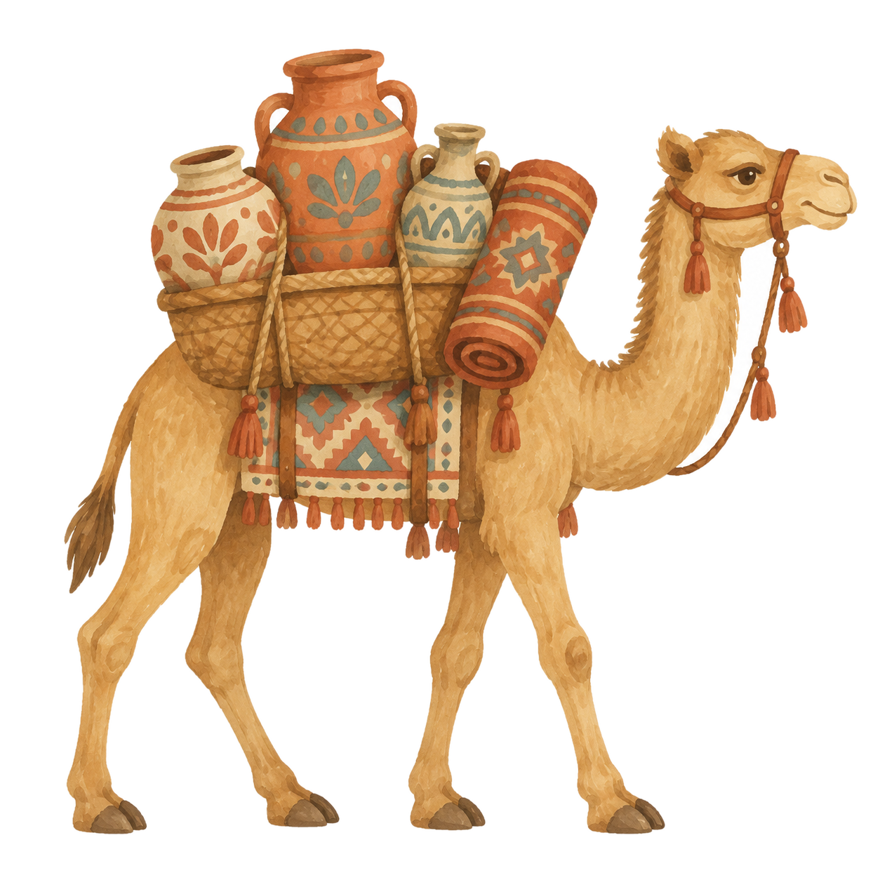 Gouache icon of a camel carrying pottery and a rug