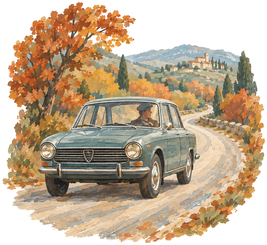 Gouache icon of a car on a country road in autumn