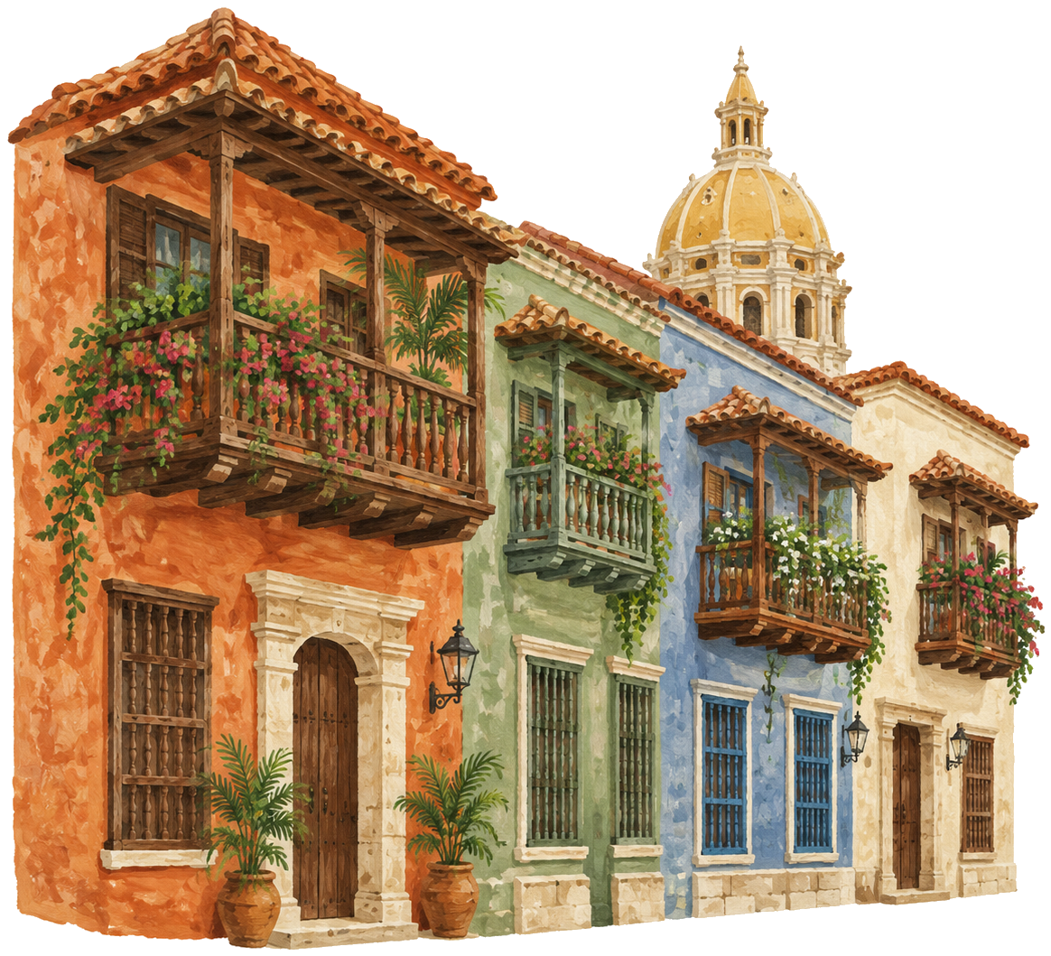 Gouache icon of a colorful old neighborhood street