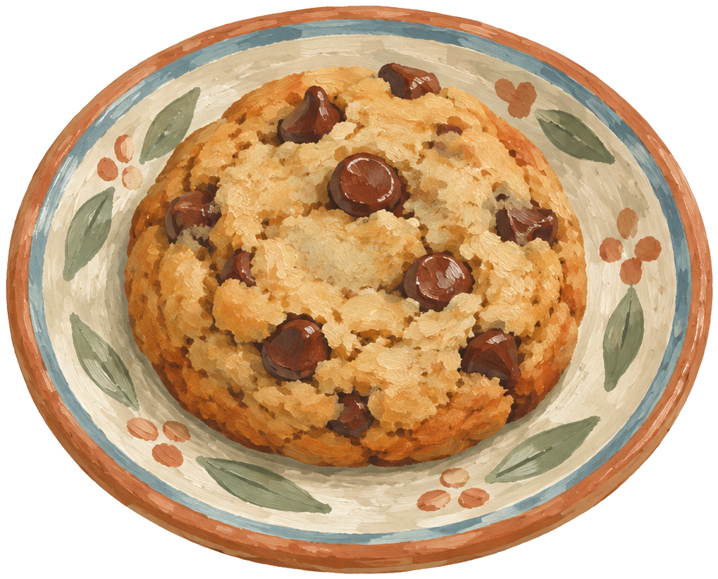 Gouache icon of a warm chocolate chip cookie on a plate
