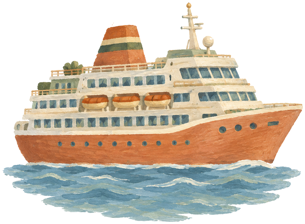 Gouache icon of a small cruise ship on a blue sea