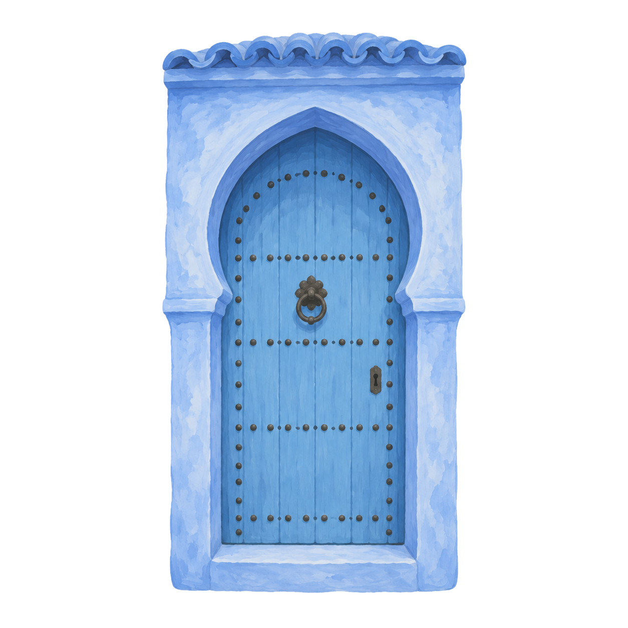 Gouache icon of a blue Chefchaouen doorway