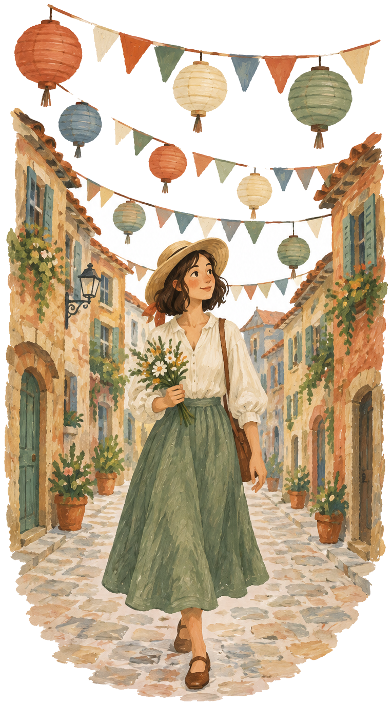Gouache icon of festival bunting and lanterns across an old street