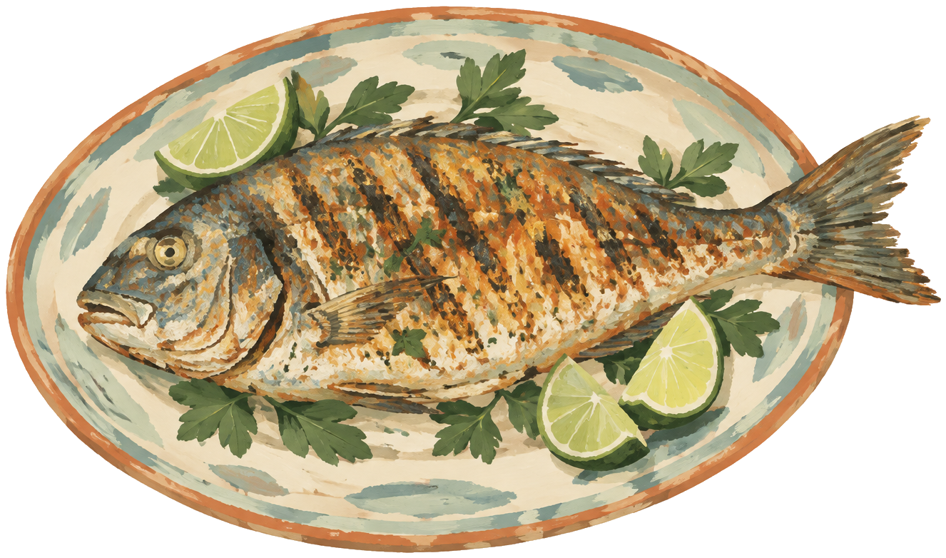 Gouache icon of a whole grilled fish on a plate