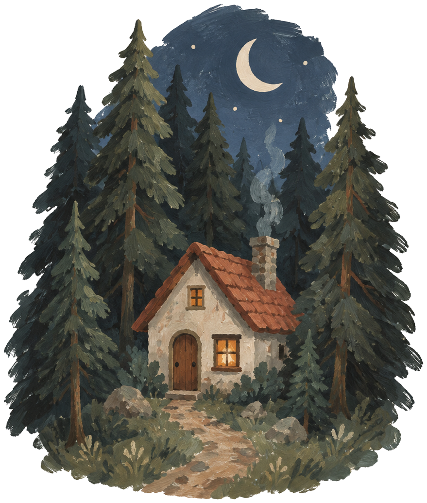 Gouache icon of a lone house in a forest at night