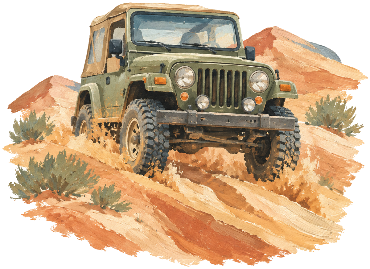 Gouache icon of a jeep in the desert