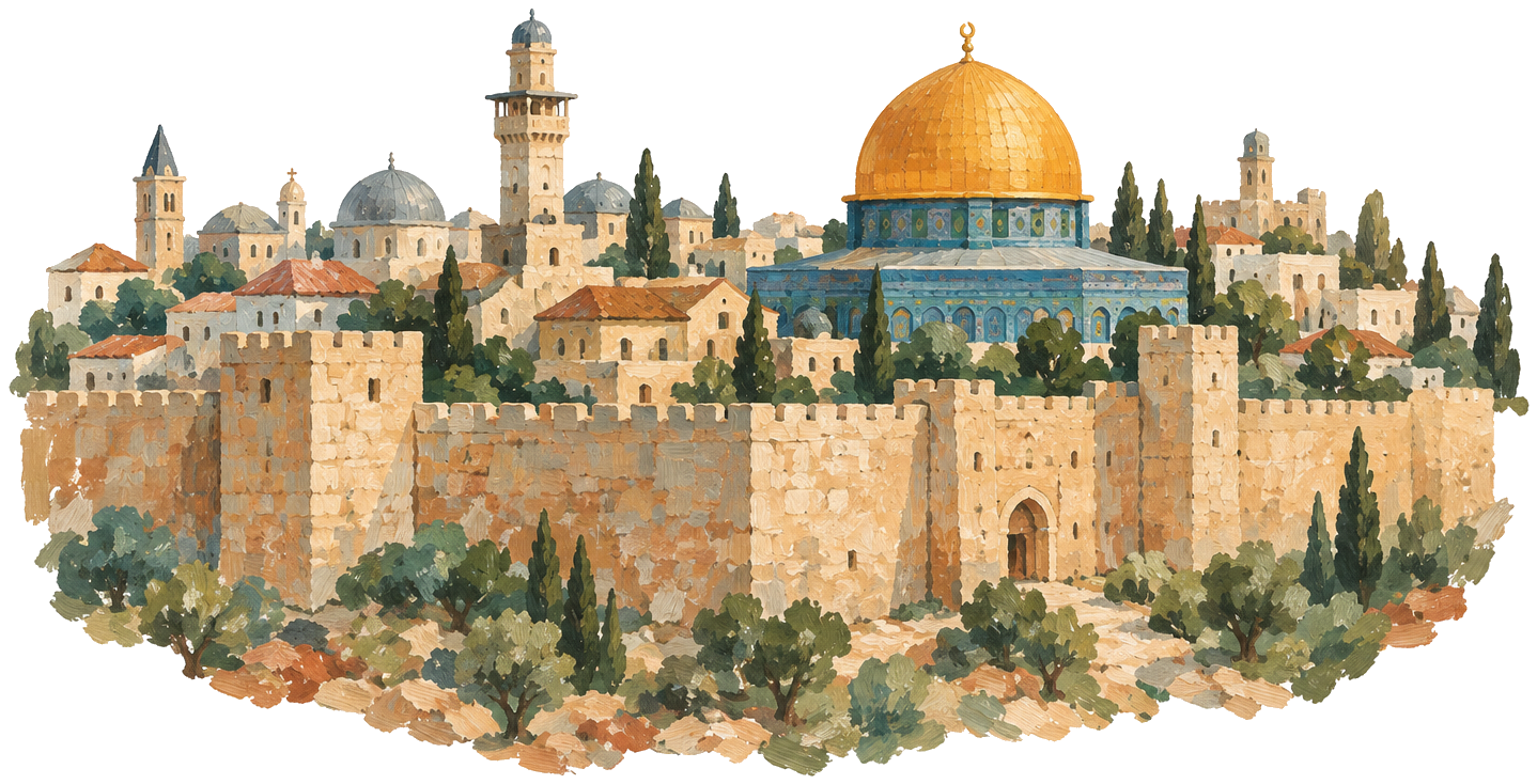 Gouache icon of the Jerusalem skyline