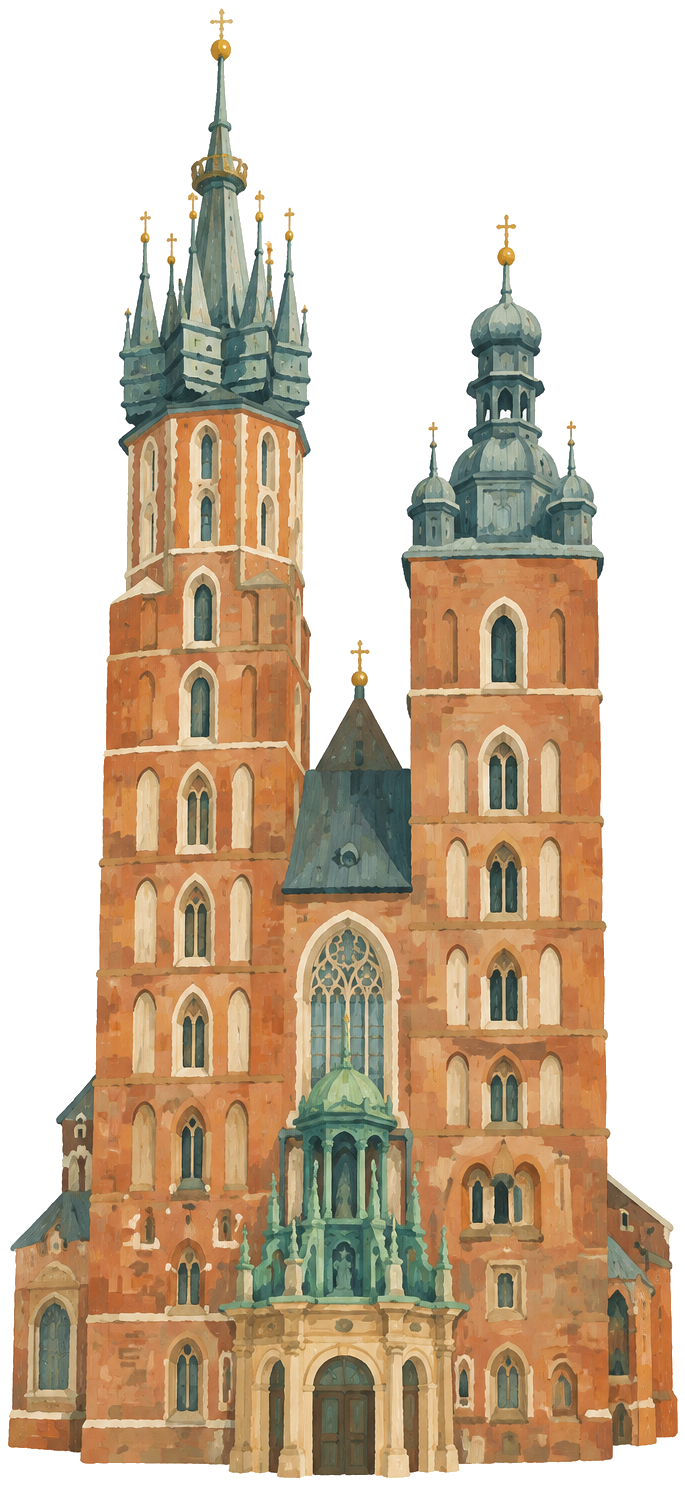Gouache icon of the twin towers of a Krakow basilica
