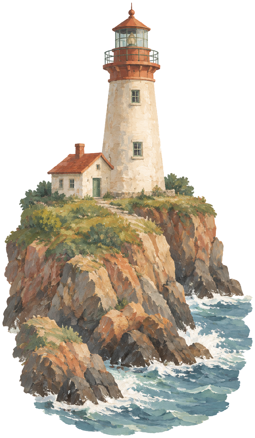 Gouache icon of a lighthouse on a cliff
