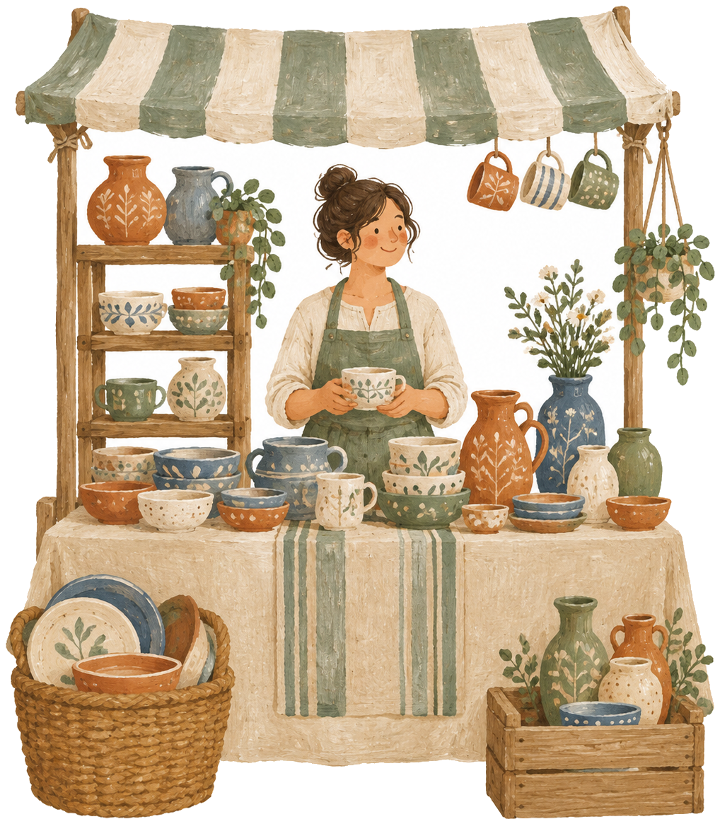 Gouache icon of a ceramics stall at a street fair