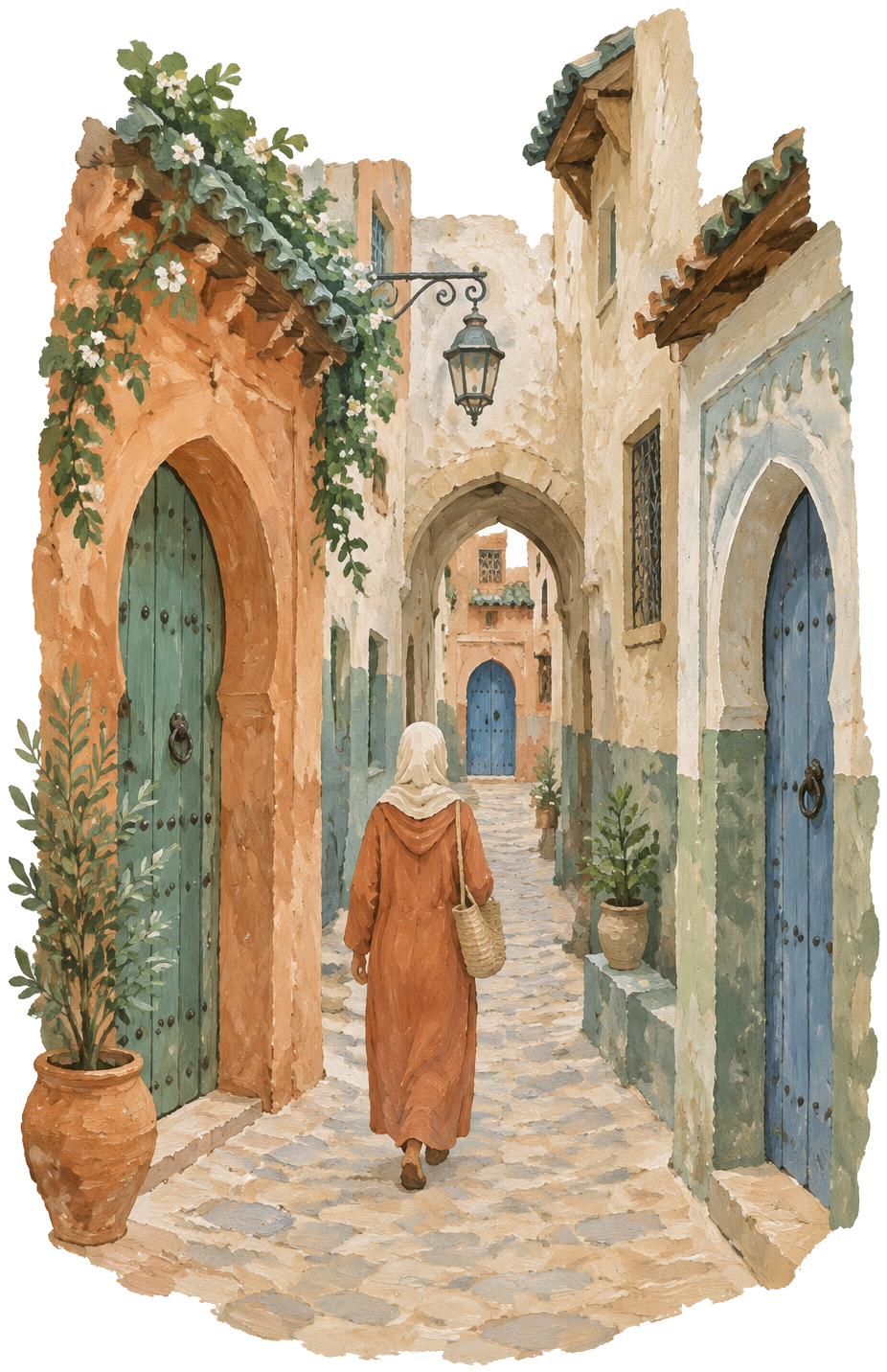 Gouache icon of a narrow old medina alleyway