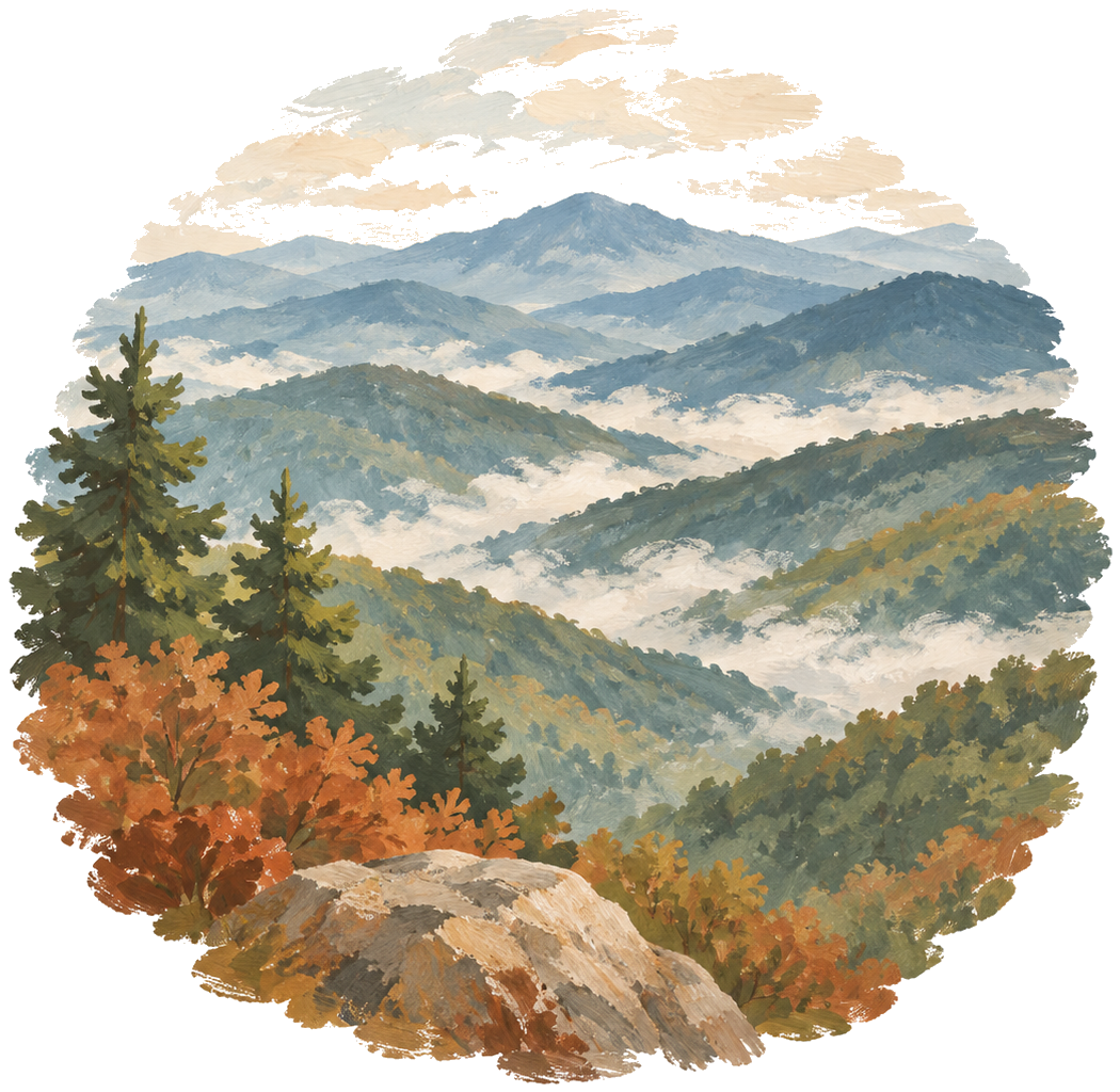 Gouache icon of misty blue ridge mountains