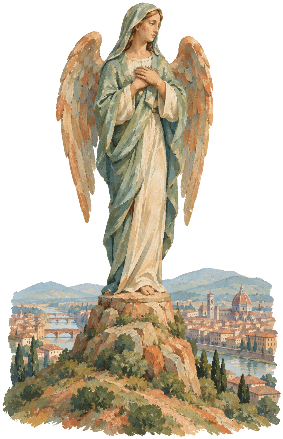 Gouache icon of a winged virgin statue on a hill over the city