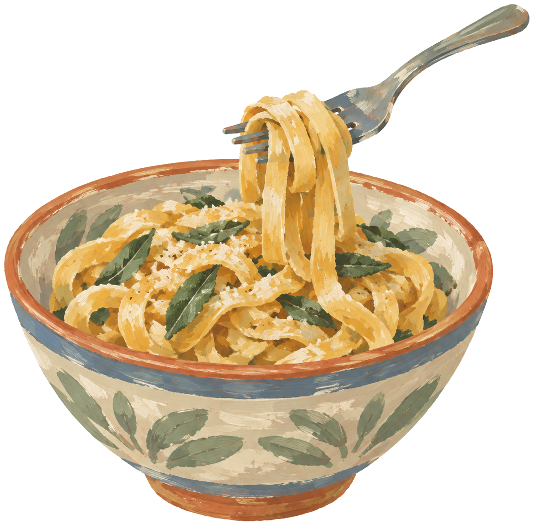 Gouache icon of a bowl of fresh pasta