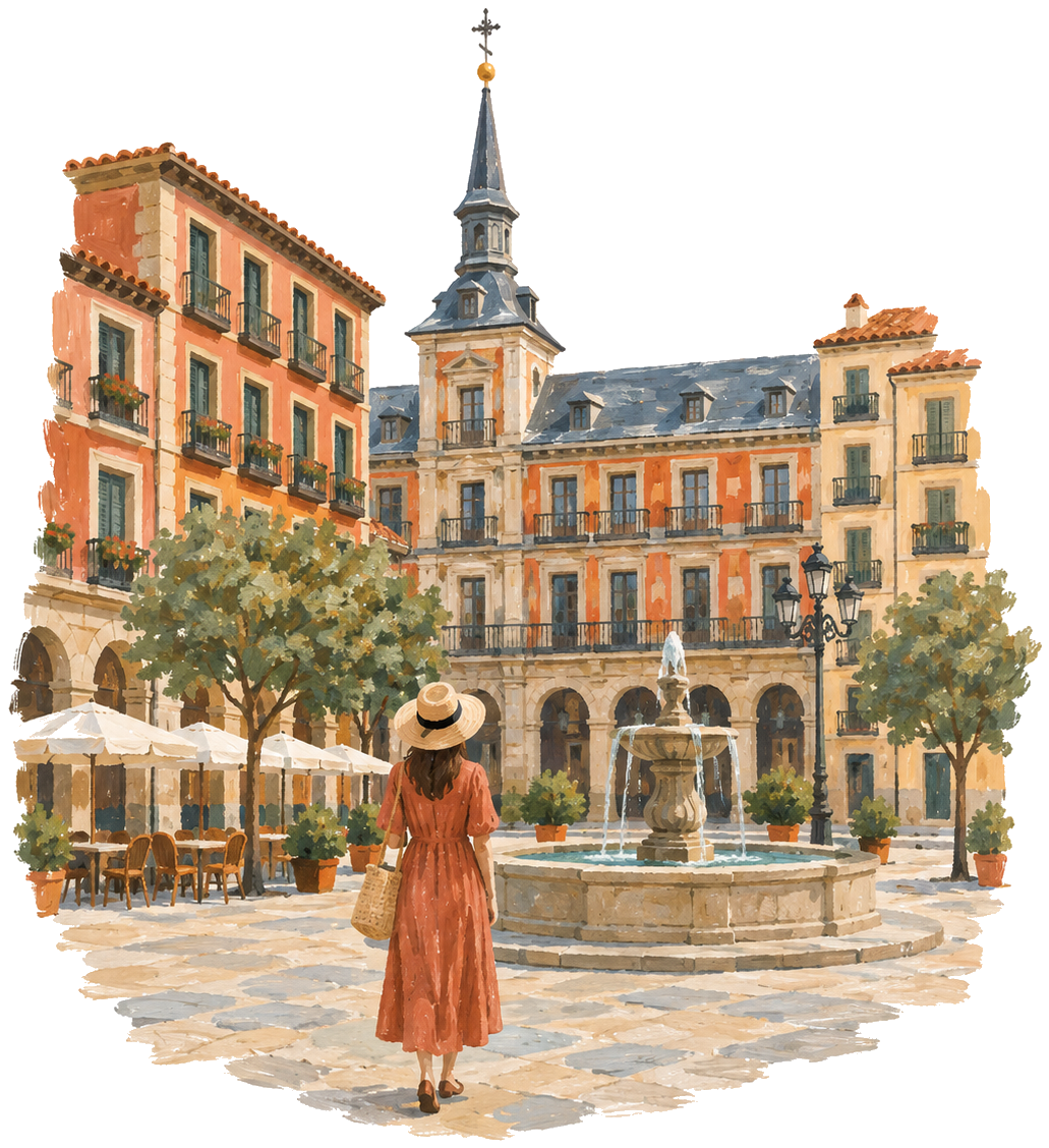Gouache icon of a Madrid plaza with classic buildings