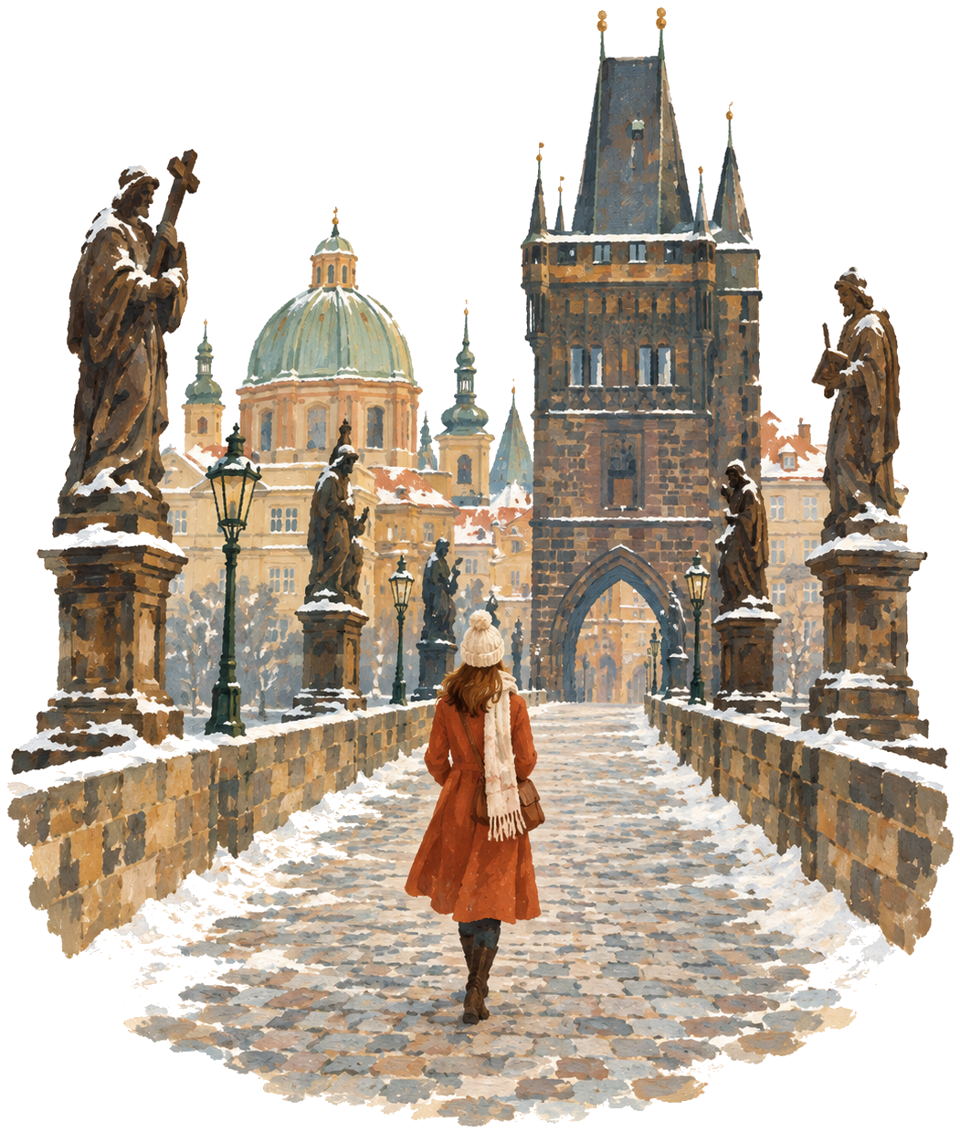 Gouache icon of Charles Bridge in Prague in winter