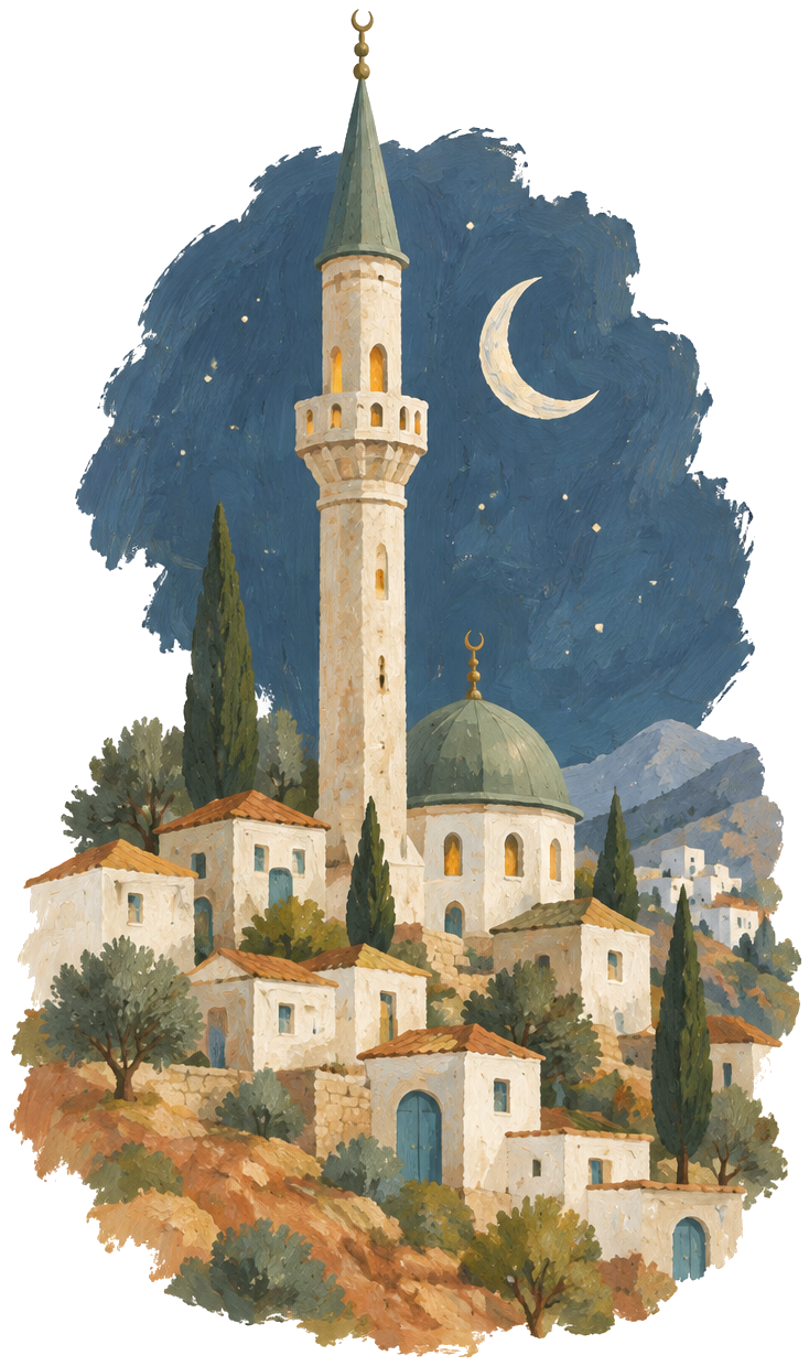 Gouache icon of a minaret and white hillside buildings at night