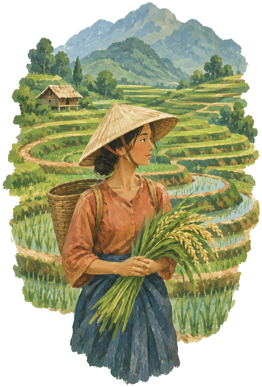 Gouache icon of terraced rice paddy fields