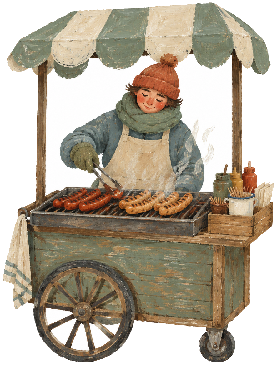 Gouache icon of a street sausage stand in winter