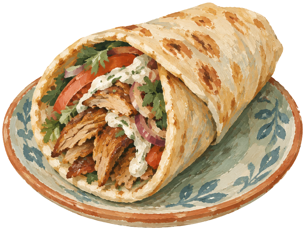 Gouache icon of a shawarma wrap on a plate