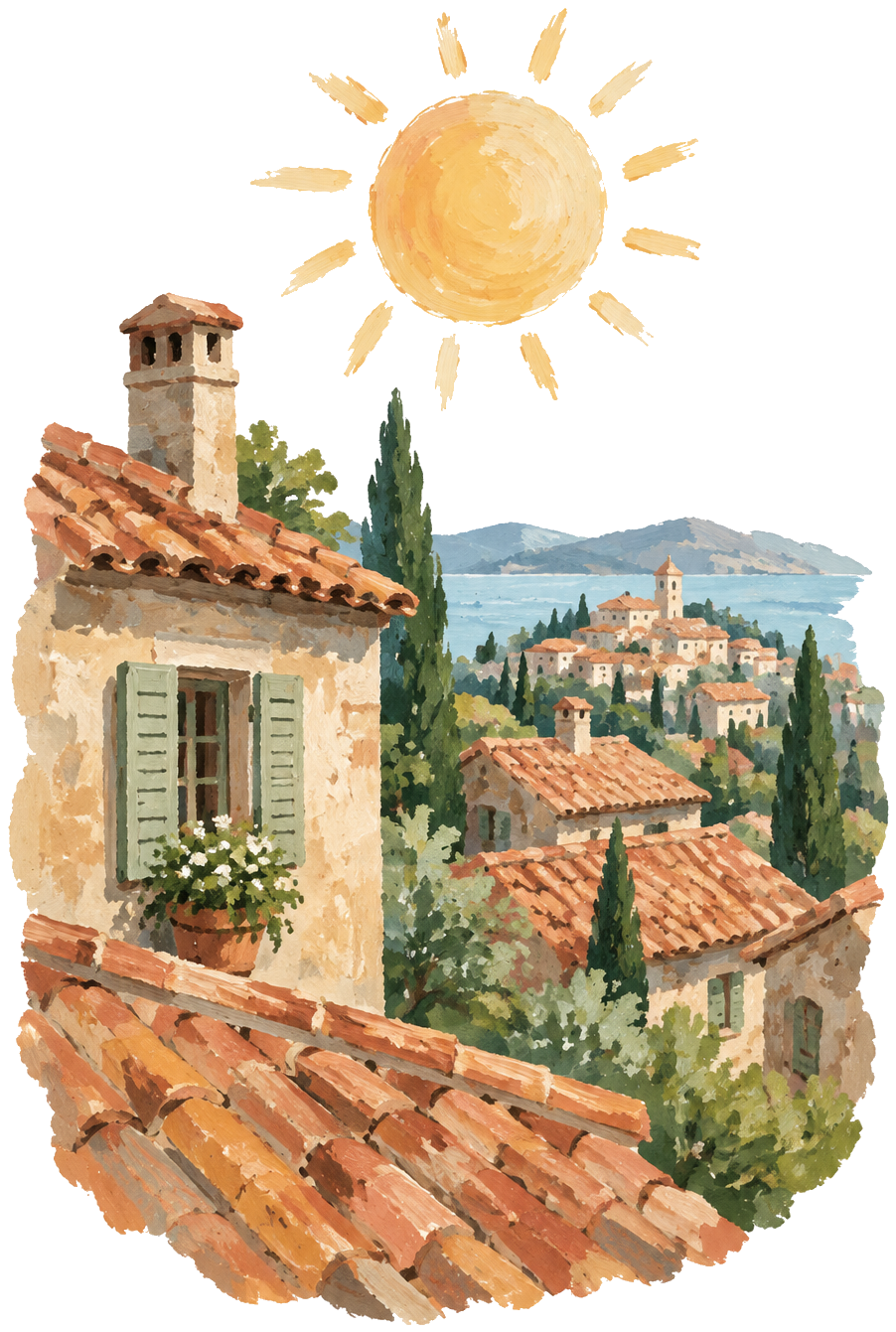 Gouache icon of a summer sun over terracotta rooftops