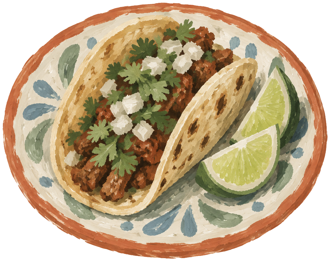 Gouache icon of a street taco on a plate with lime