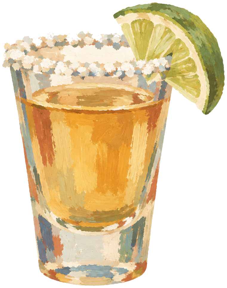 Gouache icon of a tequila shot with lime and salt