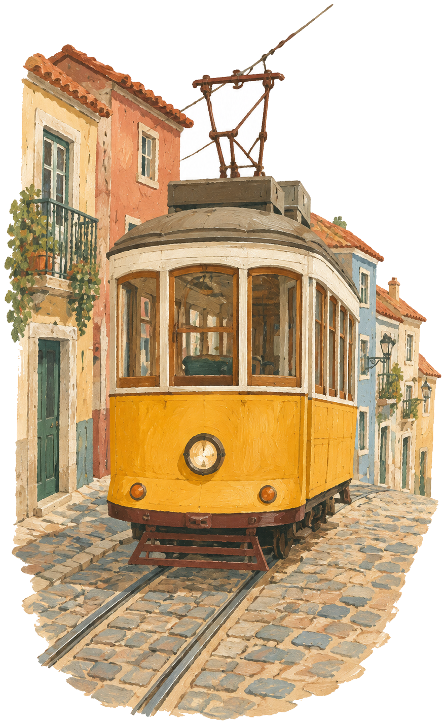 Gouache icon of a yellow Lisbon tram on a hill
