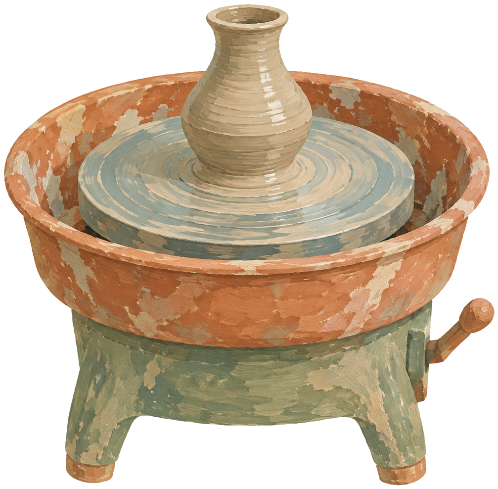 Gouache icon of a pottery wheel with a fresh pot